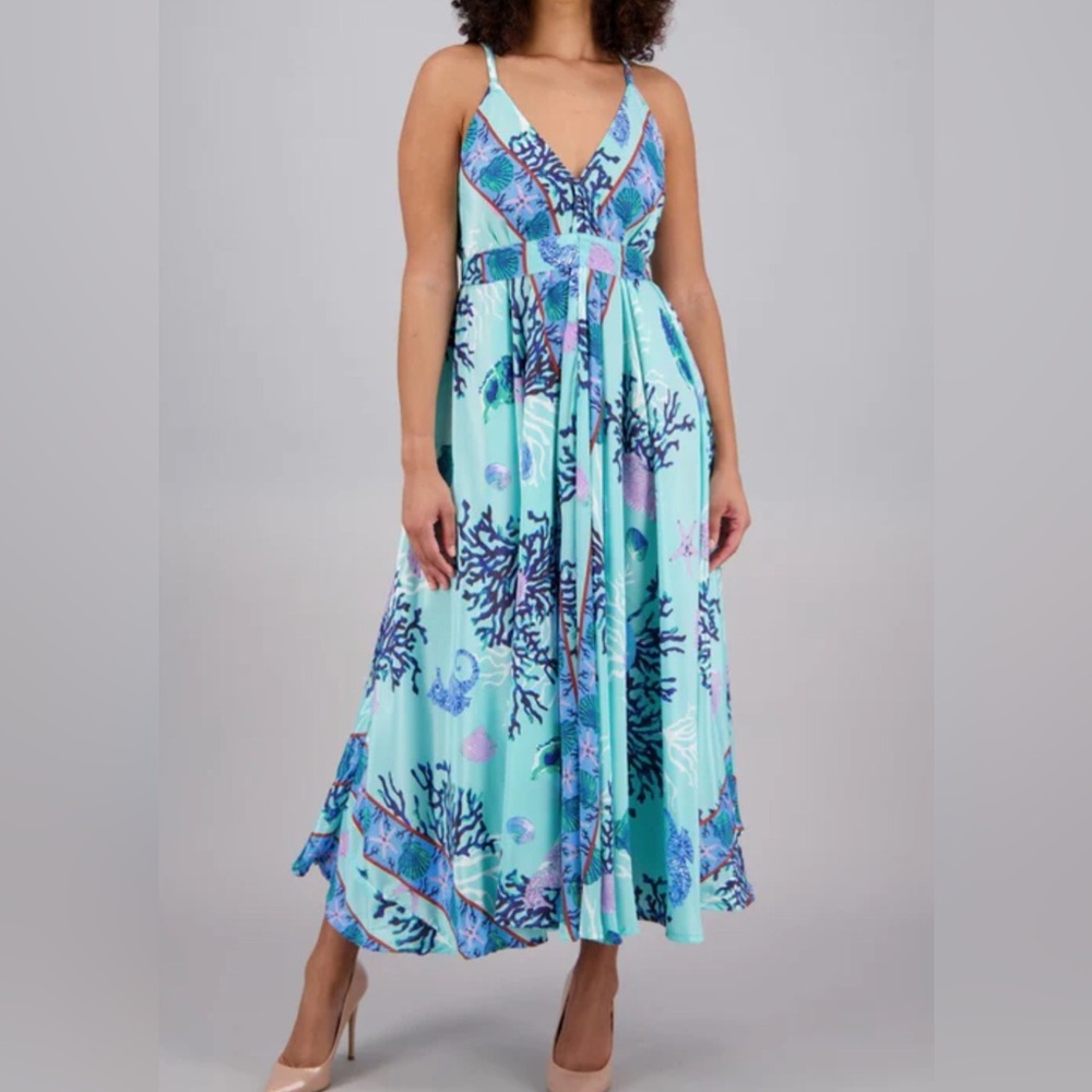 New Silk Women Blue Pleated Maxi Dress Handmade in India. Sweetheart Neckline